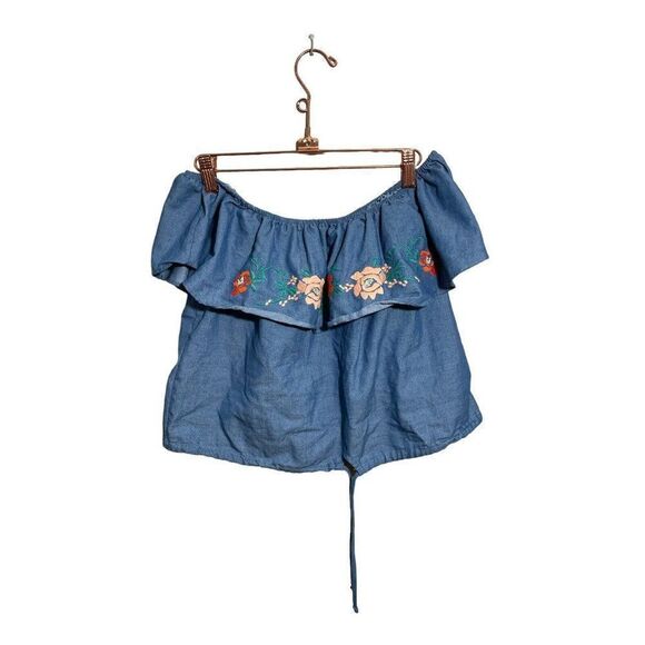 Everly Off The Shoulder Denim Top Floral Embroidered Print Drawstring Sz Medium‎ - Picture 1 of 5